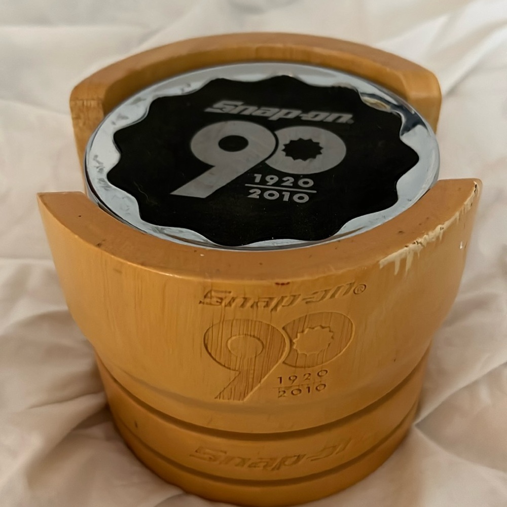 Snap On90 Anniversary coaster set with wooden  holder .